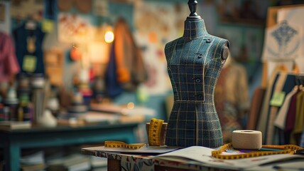 Mannequin adorned with measuring tape amid designer sketches