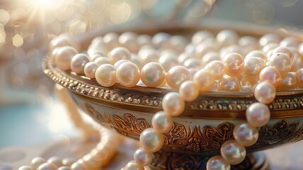 Serene pearls spill over the edge of an ornate bowl in daylight