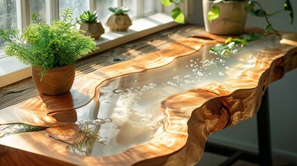 Artisanal maple side table with clear resin stream and duo of green plants