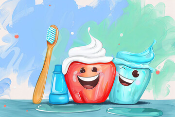 Illustration of cartoon funny toothpaste and toothbrush