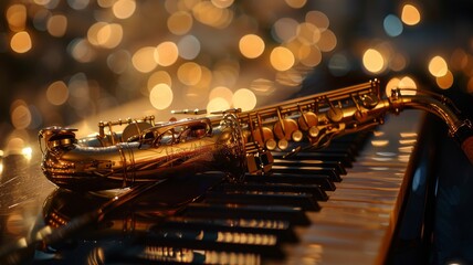 Brass saxophone rests on piano keys, basking in the warm spotlight - obrazy, fototapety, plakaty