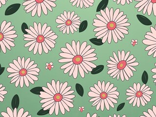 Daisy pattern, hand draw, simple line, green and pink