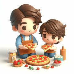 3D flat cute chibi icon for Dad and kids making homemade pizza together in father day theme with isolated white background ,Full depth of field, high quality ,include copy space, No noise, creative id