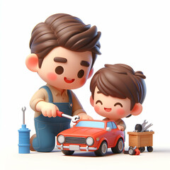 3D flat cute chibi icon for Dad teaching his child how to fix a car in father day theme with isolated white background ,Full depth of field, high quality ,include copy space, No noise, creative idea