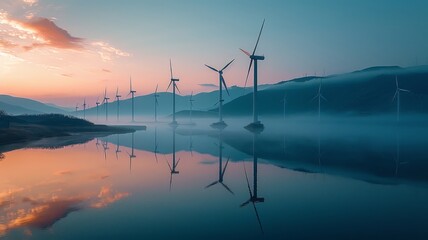 Dawn's early light paints serene windmills by a tranquil lake