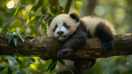 Panda cub lounging on a tree branch with lush greenery