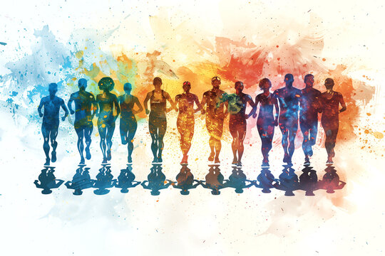 Silhouette of running athletes in watercolor style. Painting for sports games, competitions. The desire to win.
