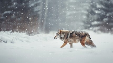 An image of a lone wolf traversing a snowy landscape, its fur blending seamlessly with the wintry...
