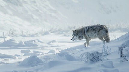 An image of a lone wolf traversing a snowy landscape, its fur blending seamlessly with the wintry...