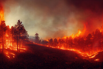 Forest fire disaster illustration, trees burning at night, wildfire nature destruction, damaged environment caused by global warming