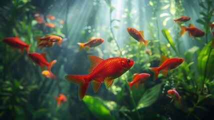 Scarlet fish swim amid hazy woodland giants