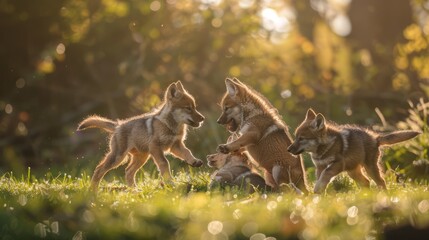 Naklejka na ściany i meble Scenes of adorable wolf pups playfully tumbling and frolicking together in a sunlit meadow, under the watchful eye of their mother.