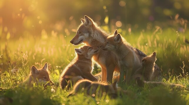 Scenes of adorable wolf pups playfully tumbling and frolicking together in a sunlit meadow, under the watchful eye of their mother.