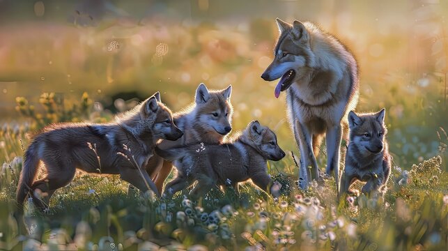 Scenes of adorable wolf pups playfully tumbling and frolicking together in a sunlit meadow, under the watchful eye of their mother. 