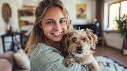 Woman with dog in living room