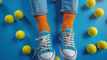 Colorful socks and sneakers hover over tennis balls on blue