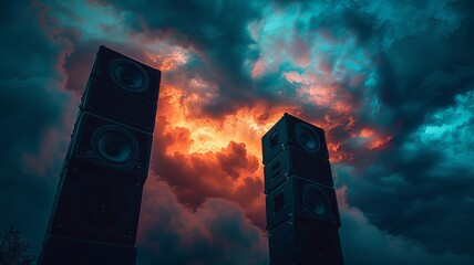 Stark silhouette of speaker system with stormy sky contrast