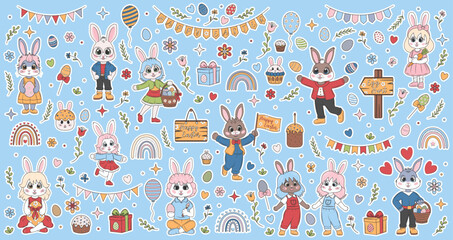 Easter sticker set with cute cartoon flat bunnies and painted eggs, rainbow, cakes, flowers, signs, flags. Festive design. Vector illustration isolated on blue background.