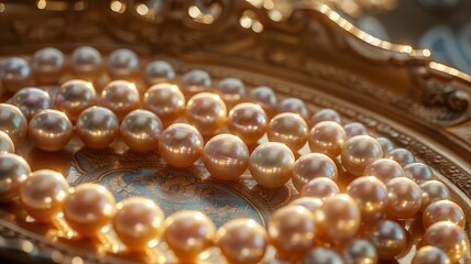 Golden hour warmth floods a collection of pearls on a vintage tray