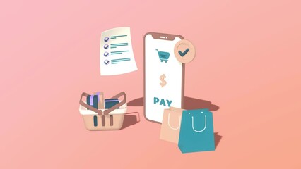 Animated Online Shop Illustration. Animated Online Shopping With Mobile Payment. Shopping Cart, Shopping List, Online Shop Conceptual 3D Animation Video. Suitable For Business And Services.