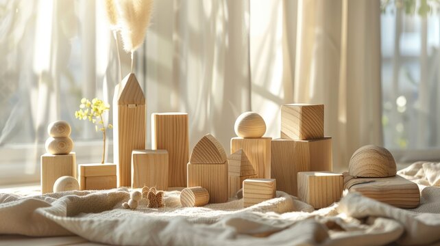 Soft light captures simple wooden toys arrayed against a neutral backdrop