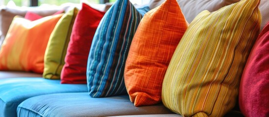 A row of comfortable wool pillows in various colors such as magenta and electric blue are neatly...