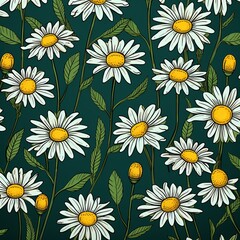 Daisy pattern, hand draw, simple line, green and rose