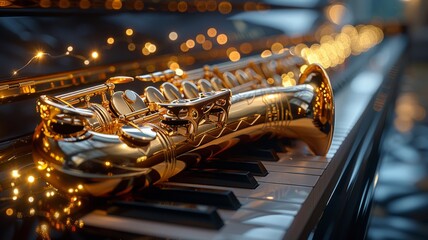 Golden saxophone lies on the ebony piano keys with a reflective surface