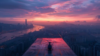 Helicopter pad on skyscraper's roof at dawn overlooking city streets - obrazy, fototapety, plakaty