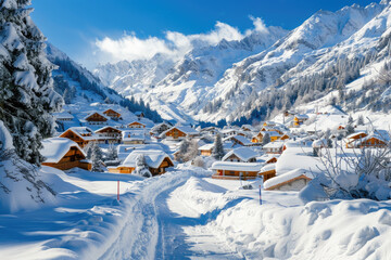 Beautiful winter landscape of ski resort village in the Alps with snowcovered mountains and buildings on sunny day