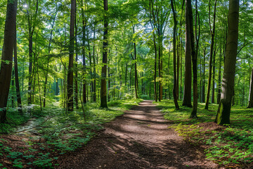 Fototapeta premium Panorama of a path through a lush green summer forest 