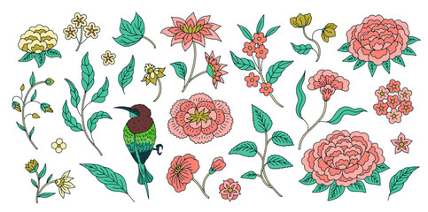 Set of floral chinoiserie style flowers isolated on white background. Abstract hand drawn botanical clip art elements bundle.