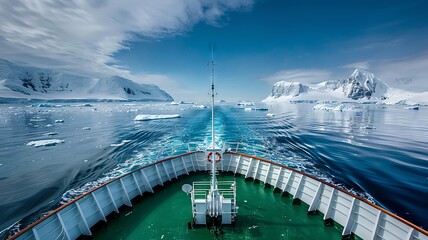 Expansive seascape with icebergs from a ship's bow in the polar region