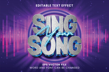 Sing music competition neon glow 3d editable vector text effect. Retro vintage music text style