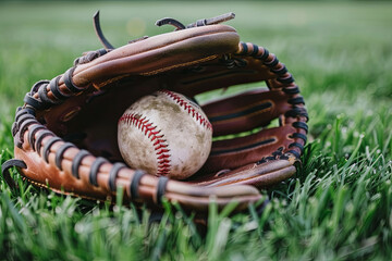 A baseball and leather glove on green grass
