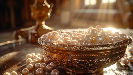 Sunlight dances on scattered pearls amidst antique elegance