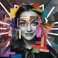 Fragmented Elegance: Contemporary Collage Portrait of Youthful Woman 