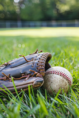 A baseball and leather glove on green grass
