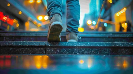 Vibrant steps in a public space with walking individual’s feet - obrazy, fototapety, plakaty