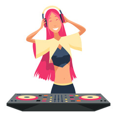 Dj characters. Female party musician in headphones for event music record console vector people. Dj music party, musician in headphones illustration