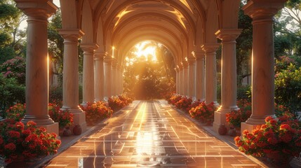 Colonnaded Pathway to Sunset Garden - obrazy, fototapety, plakaty