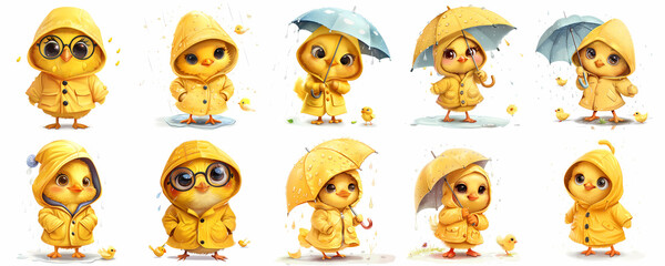 set of Cute chicken in a raincoat Clipart, Illustration, generated ai
