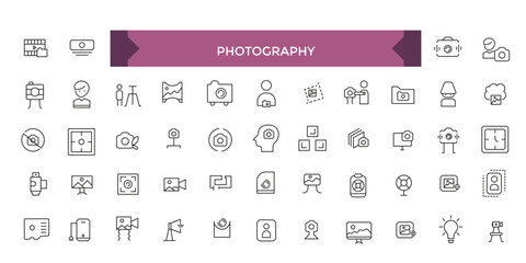 Photography icon set. studio light, film cameras and camera on tripod line. Photo lens technology, different digital and vintage.