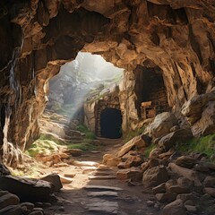Entrance to ancient cave Nestled in Rocky Mountains