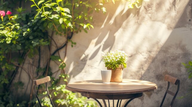 Sunlit patio of a charming cafe with green plants and cobbled flooring inviting a peaceful coffee break.