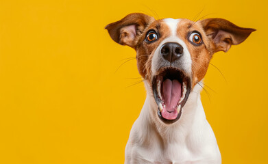 Surprised Dog on Solid Yellow Background - obrazy, fototapety, plakaty