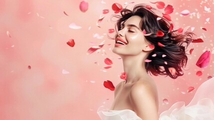 Portrait of a girl. Pink background with a portrait of a girl and rose petals around. Beauty and health concept. Beauty salon advertising, business card, brochure, certificate. Quiet luxury.