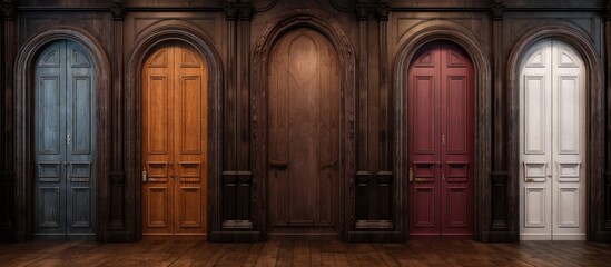 A row of hardwood doors, each with a different wood stain and color, is neatly aligned in the room, creating a symmetrical and pleasing facade - obrazy, fototapety, plakaty