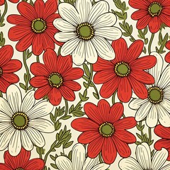 Daisy pattern, hand draw, simple line, red and purple