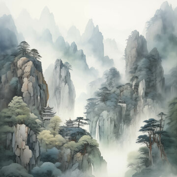 Watercolor painting of a valley with mist in a fairytale atmosphere.